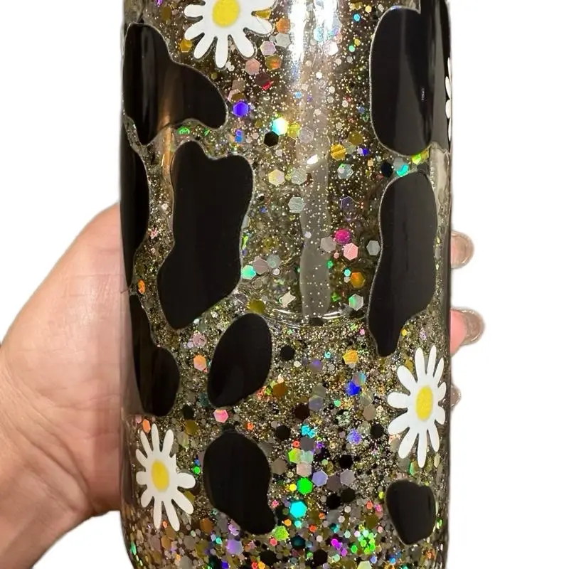 Gold glitter daisy 16oz Tumbler with lid & straw - Decorative Design with Sparkles, Ideal for Beverage Drinking - Drinkware, Bottle
