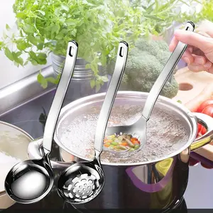 2pcs set of 304 stainless steel hot pot spoon and Slotted Colander Spoon, extended and thickened soup spoons, kitchen cooking utensil Soup Ladle With Holes Strainer Scoop Ladles For Serving Gravy Hot Pot Or Restaurant