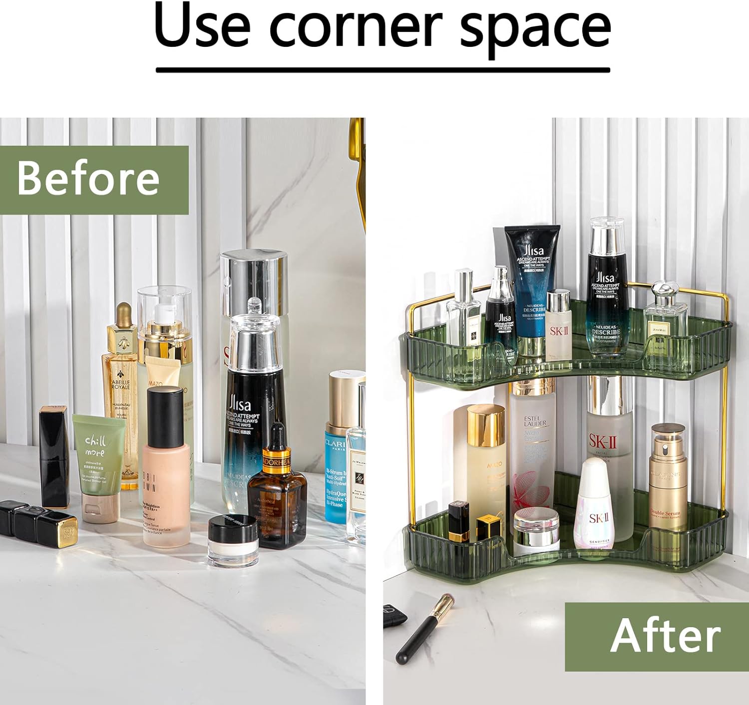 2 Tiers Corner Bathroom Counter Organizer,room decor,mClear Countertop Shelf Storage Rack,2-Tier Space-Saving Countertop Storage Rack for Vanity Makeup Perfume, Kitchen Dresser Organizer Corner