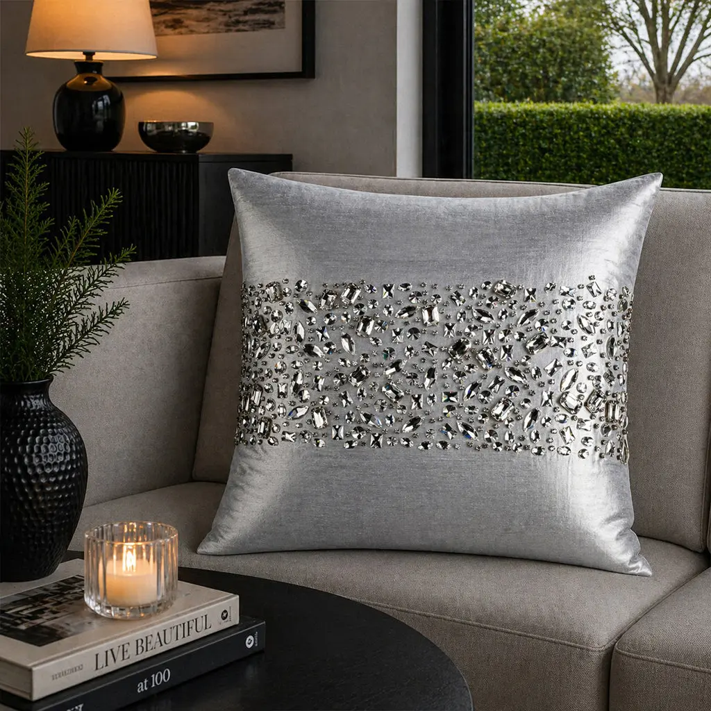 Lucy Bedazzled Crystal Silver Pillow