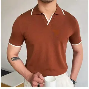 Summer red knit polo shirt with a turn-down collar, short sleeves, and a slim fit for men's business attire. Top Casual Brown Menswear Tropical Shortsleeve