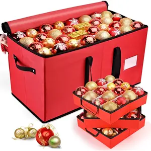 Christmas Ornament Storage Box, Ornament Storage Container with 8 Trays Xmas Decoration Organizer Keeps 128 3-Inch Holiday Ornaments, Dual Zipper Closure 600D Tear-Proof Red