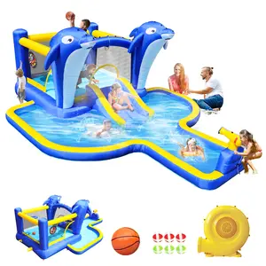 8-in-1 Inflatable Water Slide With Air Blower, Water Park Giant Mega Trampoline Bouncy Castle with Basketball Hoop, Target Games, Ball Pit, Dolphin Sprinkler, Large Capacity, Perfect for Backyard Birthday Parties, Summer Outdoor Family Fun, Wet & Dry Use