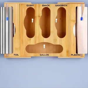 Bamboo Ziplock Bag Storage Organizer for Kitchen Drawer Sturdy Durable Waterproof Rectangular Foil Plastic Wrap Dispenser with Cutter Containers Utensils