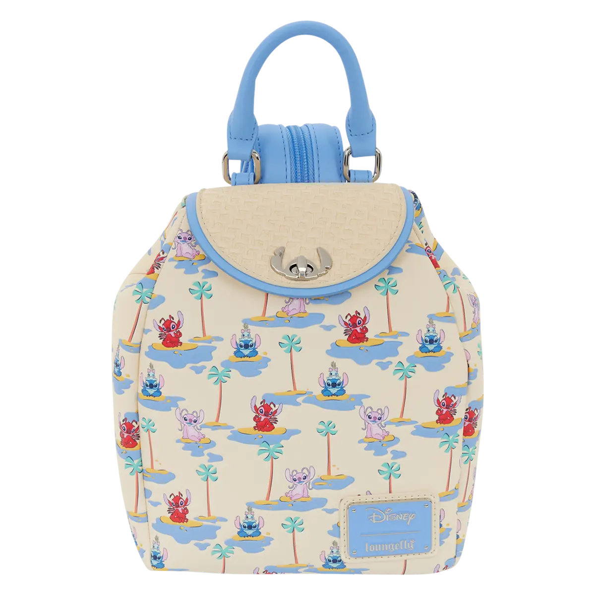 Loungefly Disney Lilo & Stitch, Angel & Leroy Convertible Mini Backpack with Basket Weave Texture, Turn-Lock & Adjustable Straps