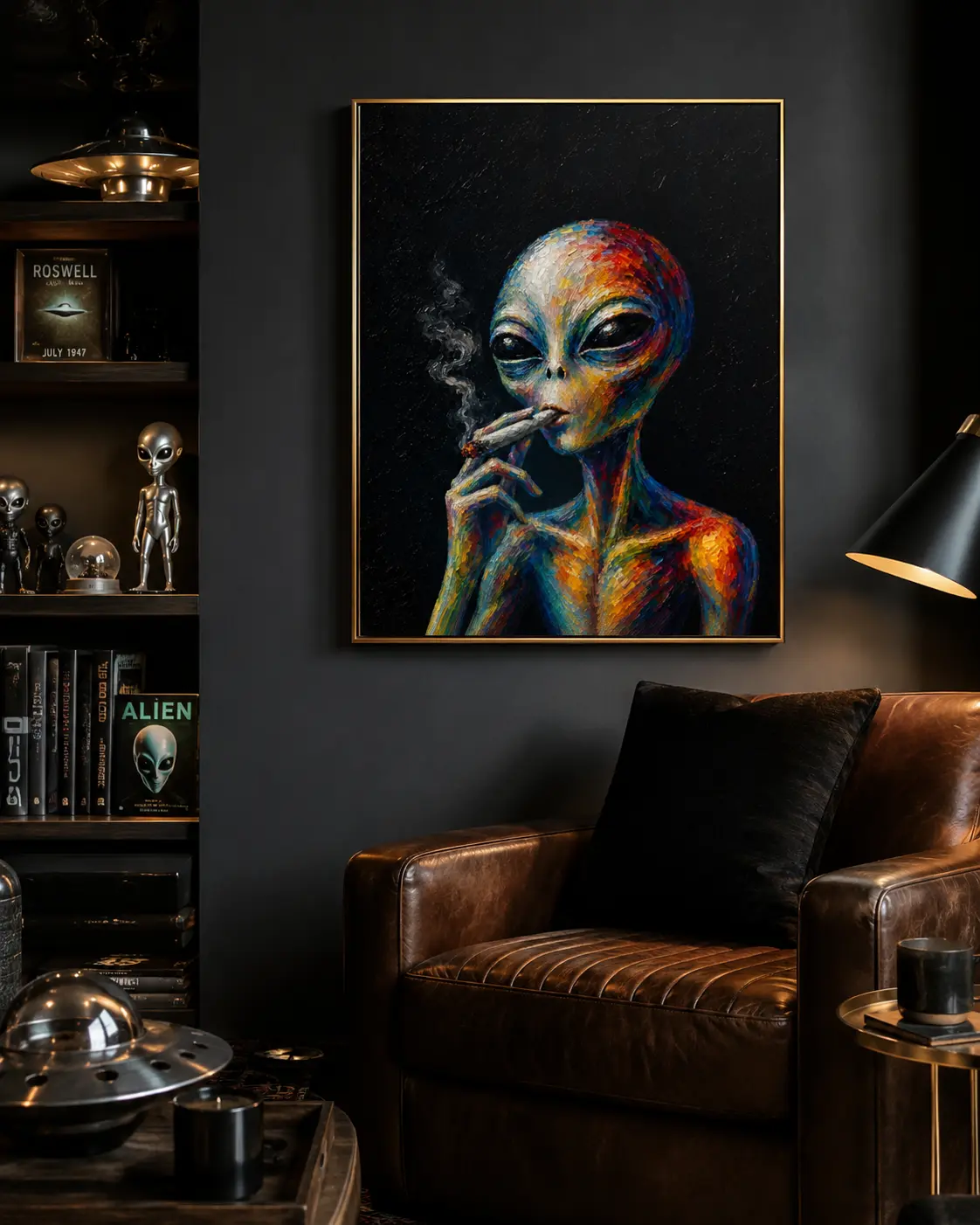 Alien Smoking Poster | Rolled Poster, Surreal Space Art, Colorful Extraterrestrial Print