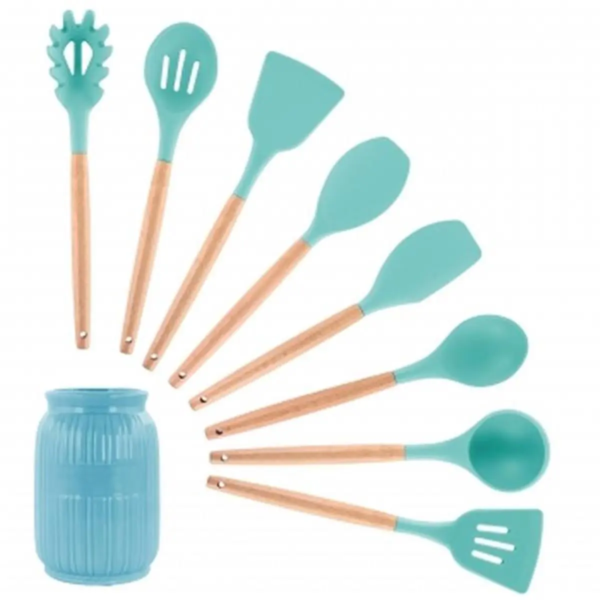 Megachef MGSP-465 Light Teal Silicone-and-Wood Kitchen Utensils Set with Whisk - 9-Piece