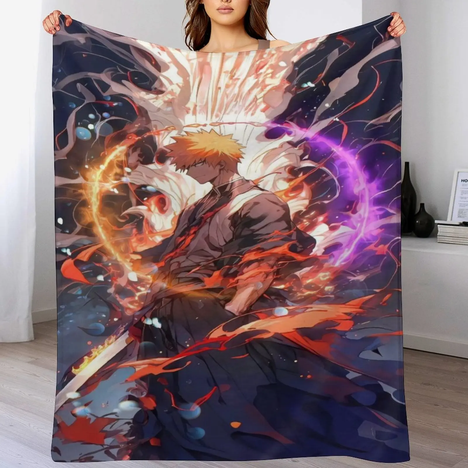 Bleach Ichigo Kurosaki Multi-Size Soft Fleece Warm Flannel Blanket - Soul Reaper Anime Throw with Fire-Ice Theme Art, Indoor Wall Hanging, Wall Decor Ideas for Bleach Fans