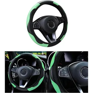 Steering Wheel Cover, 15 inch Carbon Fiber Microfiber PU Leather Elastic Steering Wheel Protector for Men Women, Anti-Slip Breathable  Interior Accessories for   (Green)