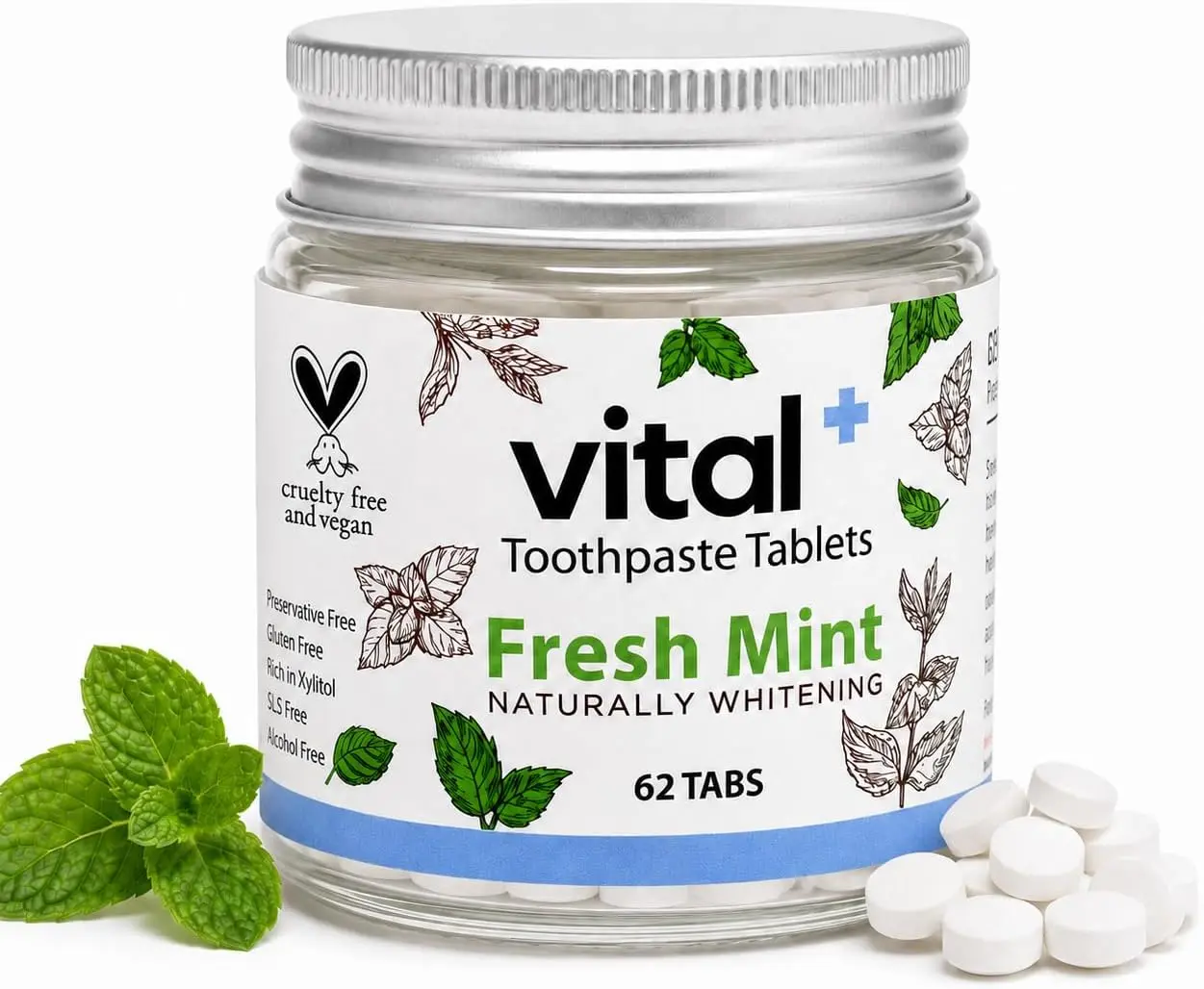 Vital Toothpaste Tabs with 7% Nano-Hydroxyapatite | Naturally Whitens + Remineralizes Teeth | Fluoride & Plastic Free | Combats Sensitivity | Travel & Eco Friendly | Fresh Mint | 62 Tablets (1 Month)
