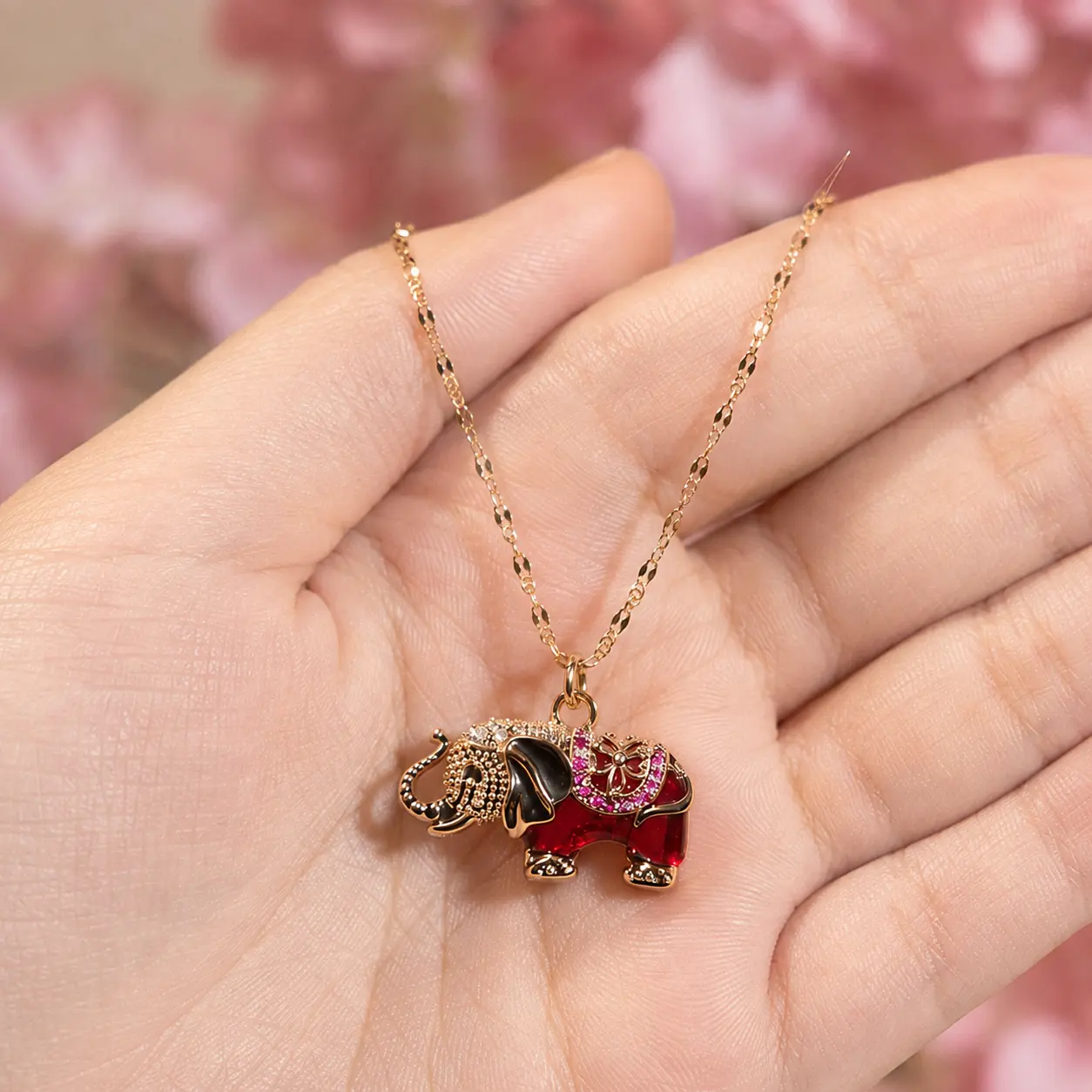 Red Elephant Pendant Necklace, Rose Gold Tone Stainless Steel, 18 Inch Adjustable Crystal Animal Jewelry Gift for Her