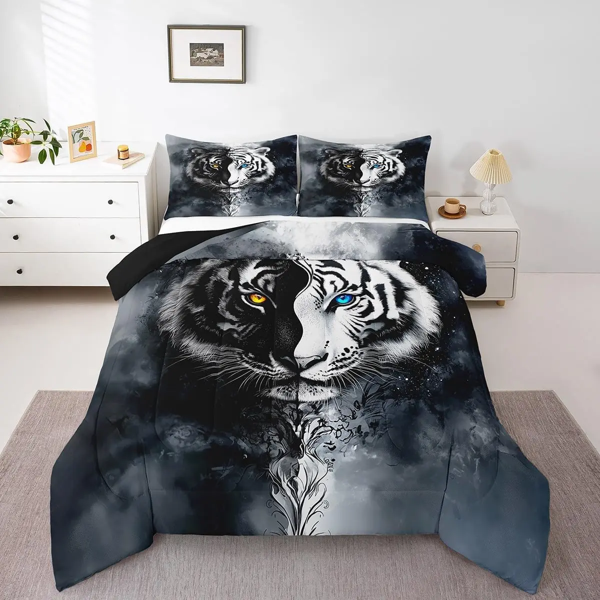 Tiger Bedding Set,African Safari Animal Comforter Set Exotic Wildlife Down Comforter Black White Soft Microfiber Quilt for Adult Youth Men Bedroom Decor