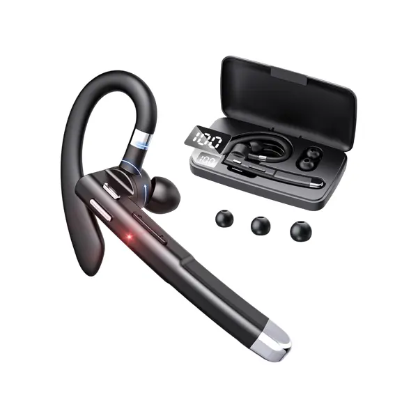 YYK-520 Bluetooth Headset V5.3,100 Hrs Talk Time Single-Ear Earphone, CVC8.0 Noise Cancelling Wireless Earbud, Business Earbud with 500 mAh Charging Case, Hands-Free Earpiece for Trucker/Home/Office Work Audio Electronic headphones  ear bluetooth Black