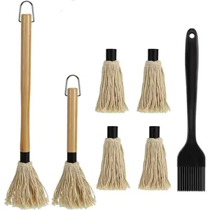 BBQ mop brush set (15.5" and 11.2") — detachable wooden handle sauce brushes with 4 extra replacement heads and 1 silicone brush — BBQ mop for outdoor cooking and camping