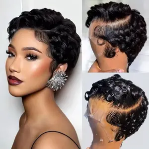 Hot Sale Chioma Wig Machine Made Pixie Curly Wig Natural Black 100% Raw Human Hair Wig Without Lace for Black People