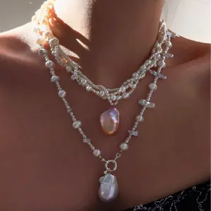 Natural freshwater pearls, Baroque pearl necklace, multi-layered layering, vintage luxury,, fashion
