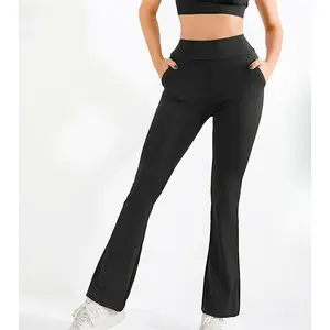 Lady's Minimalist High-Waisted Fitted Flared Yoga Bottoms - 8100-Black-No Pockets, Elastic, Slimming, Butt-Lifting, Basic Casual Women's Pants