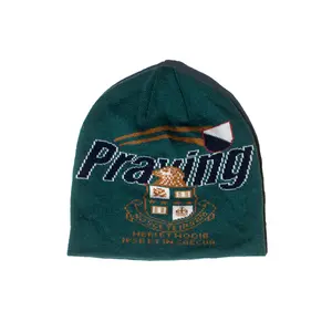Praying Knit Beanie - Green Fashion Accessory Hat with Custom Specific Logo Print, No Return Policy, No Exceptions