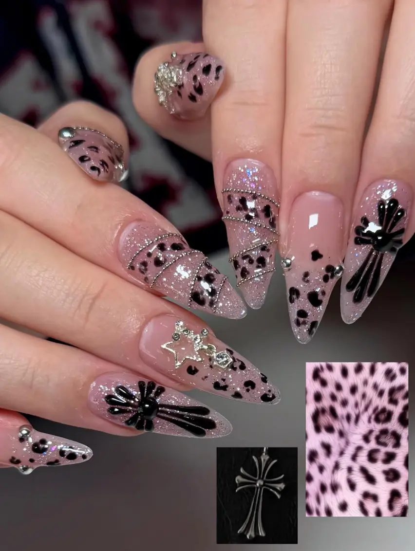 Pink Leopard Print Press On Nails, Edgy Gyaru Fake Nails with 3D Black Cross Charm, Silver Chain Gothic Pink Reusable Custom Nails