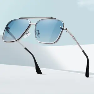 Square aviator sunglasses, unisex stylish metal retro gradient lenses, UV400 protection.