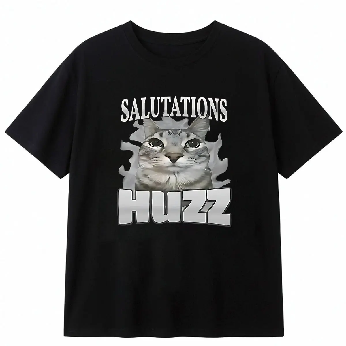Men's Cat-Themed Short-Sleeve Crew Neck Basic Streetwear T-Shirt - Denim Cargo, Slight Standard Fit, Soft, Unisex Casual Wear Top