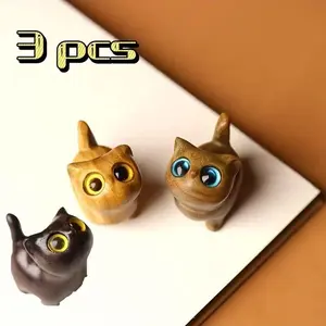 3 Piece Wooden Carving Agarwood Ornaments, Curious Cat Animal Statue Craft, Modern Style Desktop Decor, Birthday Gift for All Ages