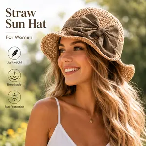 Versatile Retro Woven Handmade Straw Hat With Ruffled Bow, Elegant French Sun Hat, Foldable, Breathable Travel Beach Hat.