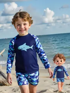 Boys' Camo Shark Print Long Sleeve Swimwear Set, Quick-Dry Shorts, Casual Fitted Design, All Seasons, Elastic Waist, Short Pants