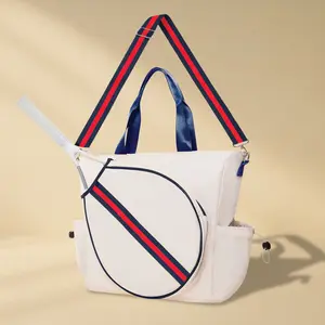 Tennis Bag - Convertible Tote Shoulder Racket Bag - Ivory/Red Stripe