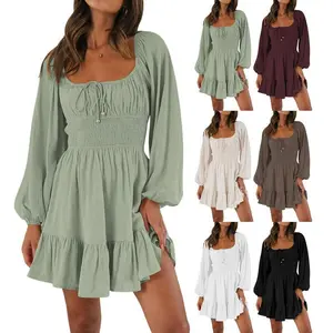 Women's Lantern Long Sleeve Wrap Tie Back Square Neck Double Layer Ruffle Hem A Line Short Mini Dress Puff Sleeve Elastic Waist A-Line Casual Mini Dress