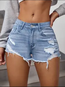 Blue Denim Shorts, Womenswear, Light Wash, High-Waisted, Frayed Hem, Summer Fashion, Everyday, Slim-Fitting, Trendy Girl Style, Chic, Bestselling Short Pants