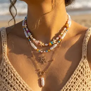Bohemian Handmade Starfish Sun Pendant Necklace for Women Summer Conch Imitation Pearl Rice Beads Choker Beach Vacation Jewelry