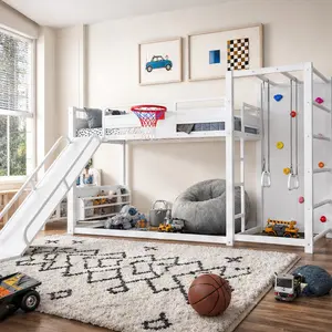 ARCH Twin Size Metal Loft Bed - Child-Friendly Beds with Slide, Basketball Hoop, Climbing Wall, Pull-Up Rings, Bookshelves, White MDF/Metal Frame for Playroom, Bedroom, Space-Saving Kids Furniture