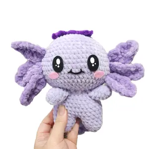 Amigurumi Crochet Purple Axolotl Plushie - Chenille Yarn Crafted, 7" Long Collectible Plush Toy for All Ages