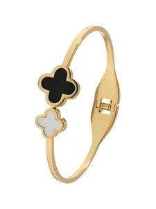 1pc Double Four‑Leaf Clover Hinged Bangle Bracelet, Gold Plated Stainless Steel Lucky Luxury Ins French Style Stackable Fashion Accessory for Women, Daily Commute Casual Wedding Party Birthday Holiday Gift, Viral Aesthetic Trendy Statement Jewelry