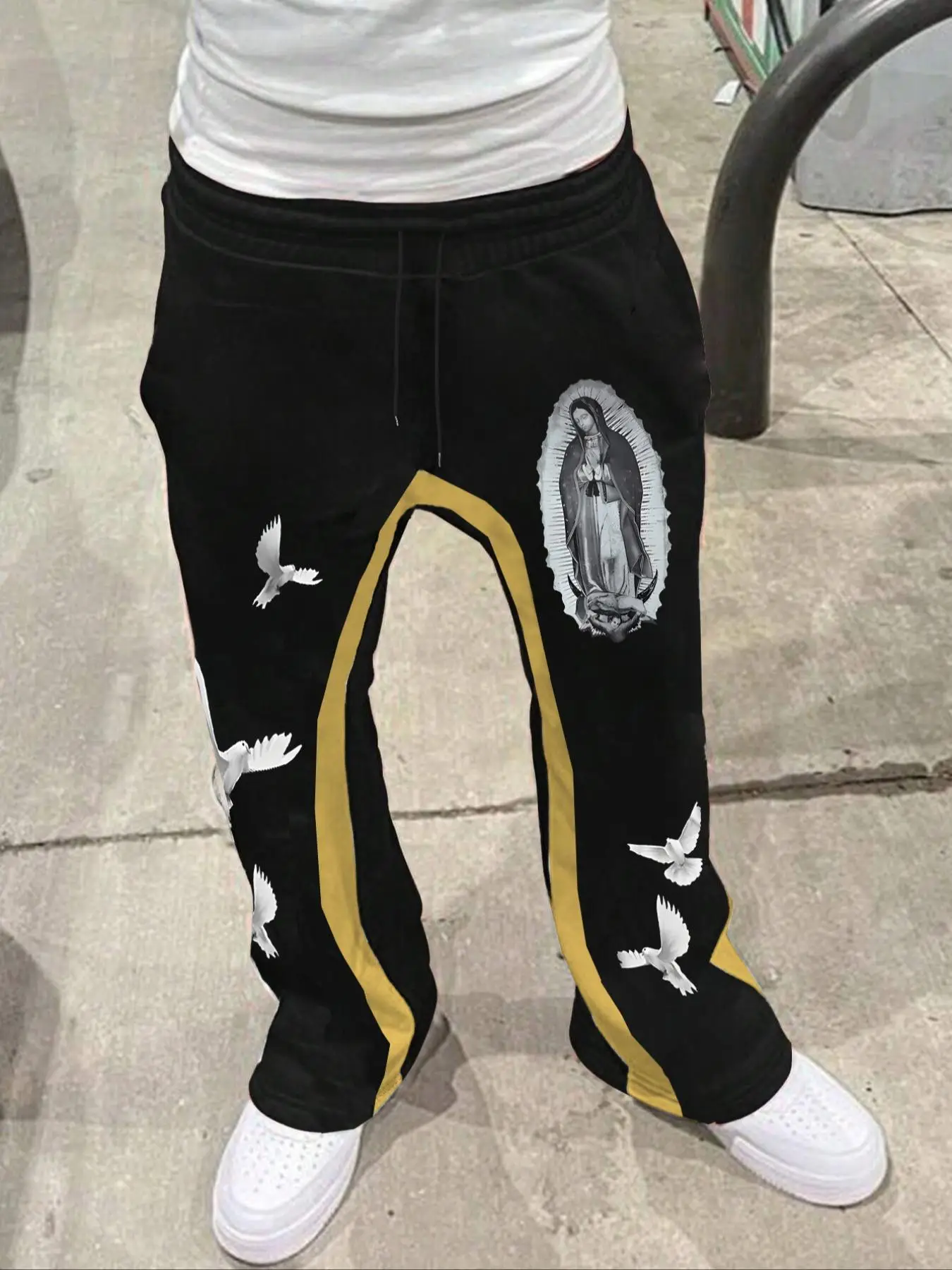 Men's Colorblock & Virgin Mary & Dove Print Drawstring Waist Flare Leg Pants, Regular Fit Casual Pocket Design Trousers for Daily Wear, Men's Bottoms