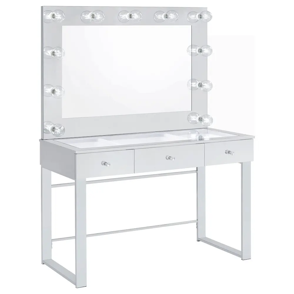 Umbridge Lighted 3-Drawer Chrome and White Vanity Set - Metal and Glass Design with LED Lights, Makeup Storage Solutions for Vanity Aesthetic