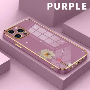 Electroplated Golden Edge TPU Phone Case for iPhone 15 Plus 16 Pro Max 14 13 12 11 mini XS XR Flower Night Pattern Drop Protection Shockproof Soft Silicone Smartphone Cover