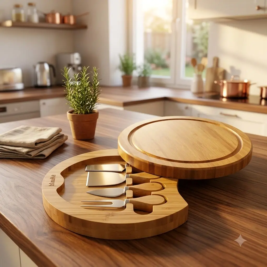 Chopboard - Swiveling Bamboo Cheese Board and Knife Set: 10" Charcuterie Serving Tray