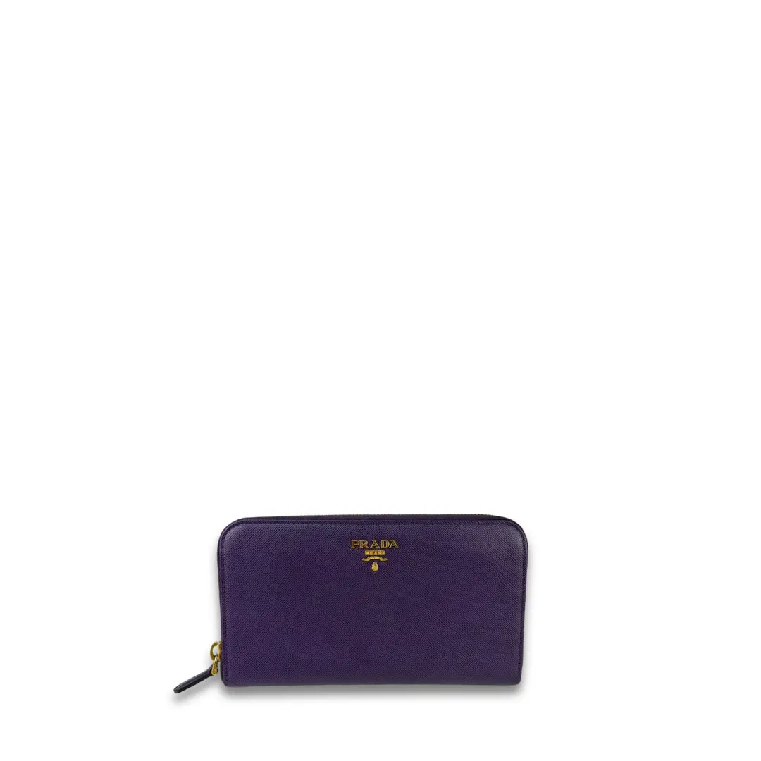 Pre-owned PRADA Leather Small Leather Goods Purple Saffiano Zip Around Wallet