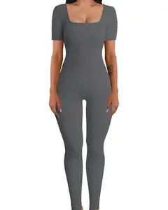 Women's Seamless One-Piece Sportswear Yoga Ribbed Slim-Fitting Long Pants Fitness Wear with Long Sleeve and Scoop Neck Spandex Fabric Asian Sizes Leisure Style Jumpsuits - Check
