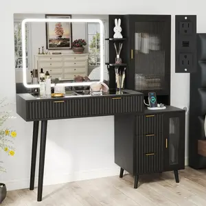 Vanity with Mirror and Lights, 49" Fluted Wood Makeup Vanity Desk with Modern Glass Top, Charging Station, 5 Drawers, 2 Cabinets with Adjustable Shelves, Indoor Furniture Salon Station