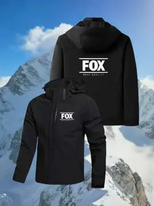 Fox Letter Print Outdoor Jacket, Unisex Windproof Waterproof Hooded Jacket, Spring Fall Casual Hiking Coat, Geometric Pattern, Loose Fit