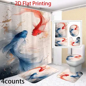 Double Color Koi Fish Curtain Set, Includes Shower Curtain, Bath Mat, Toilet Cover, U-Shaped Pad & 12 Hooks, Oriental Ink Style Design