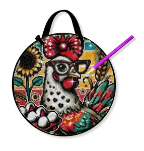 Chicken Diamond Painting Kit, ROUND Drills, 12.5" Hanging Sign