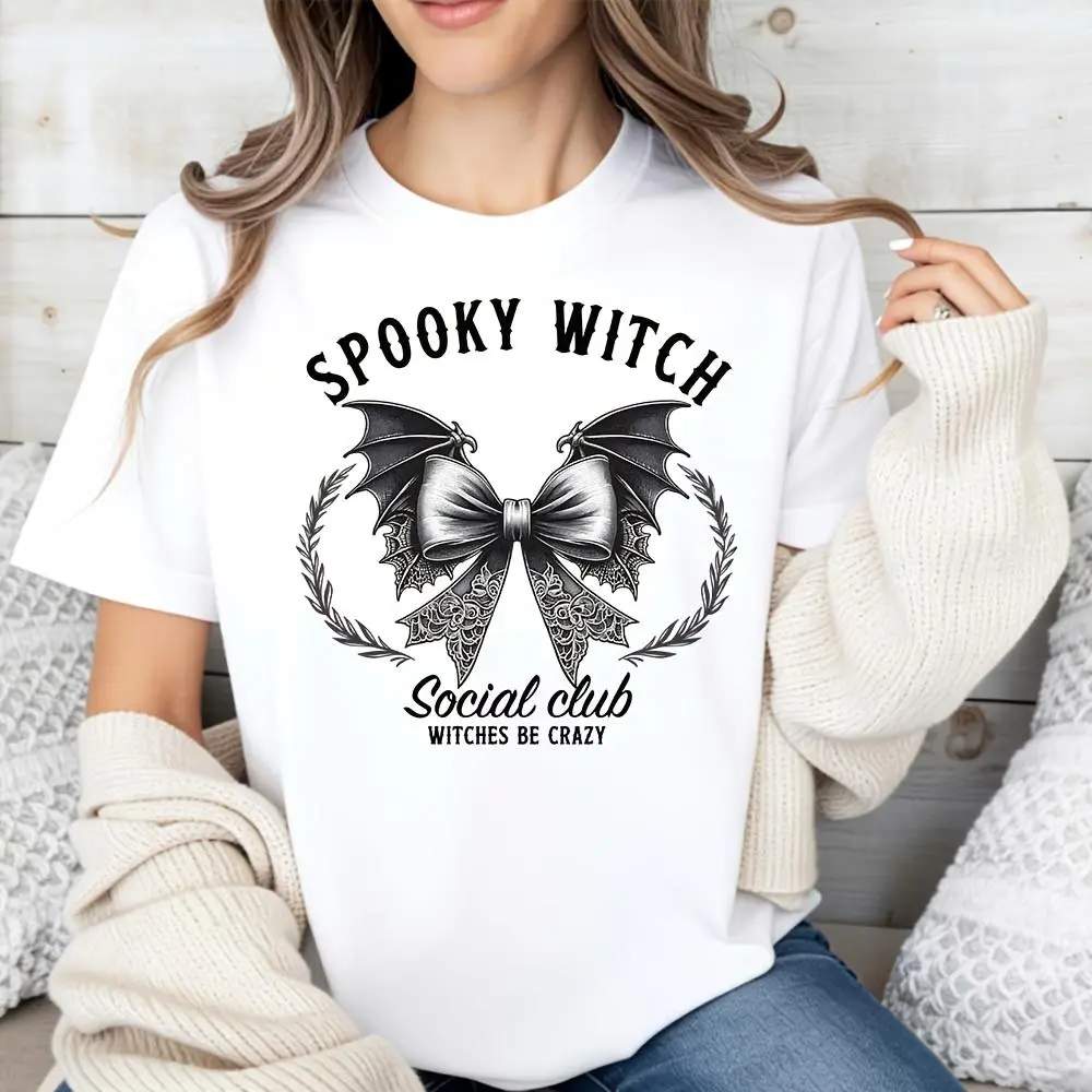 Casual Gothic Style, Women's T-Shirt, Spooky Witch Social Club Bat Bow Graphic, Autumn Halloween Party, Gift For Witchy Friends