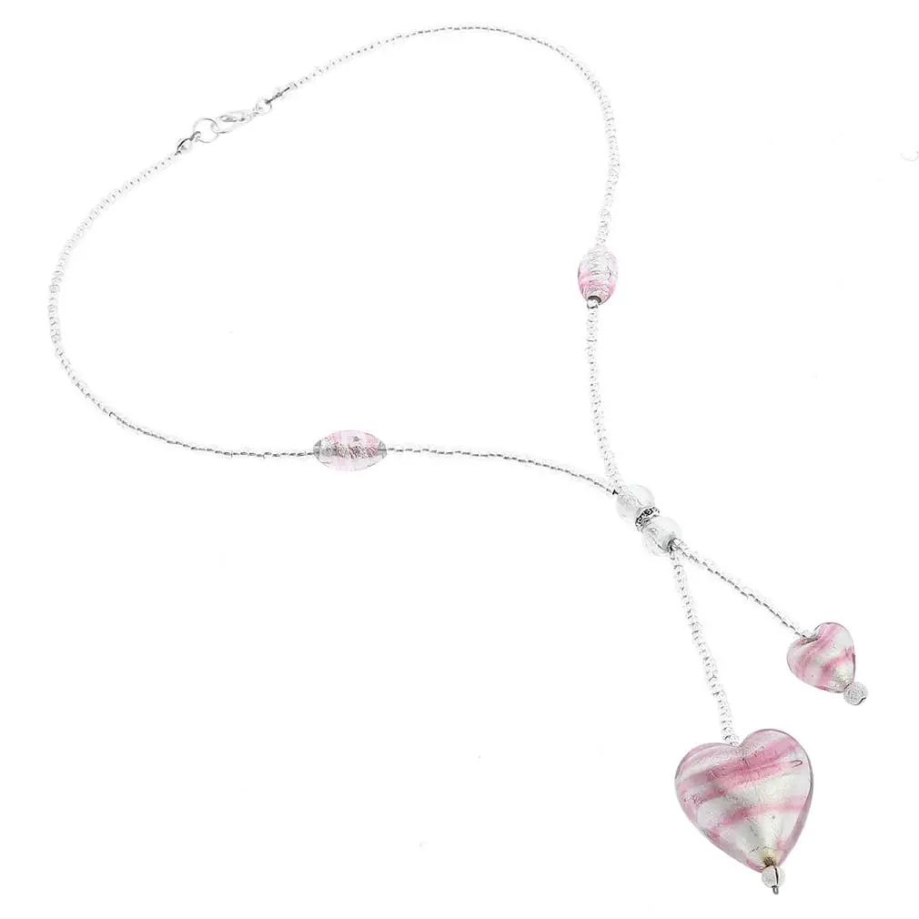 Women's Handmade Murano Glass Heart Tie Necklace - Glass of Venice, Striped Silver-Blush Pink, Approx. 22"/22 inches, Crystal Accents, Female Anniversary/Mother's Day Artistic Gift with Nice Presentation