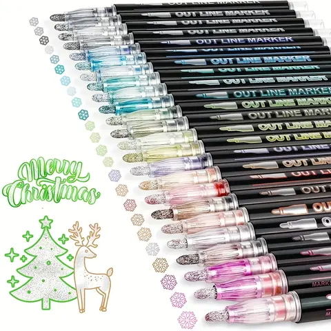 Dual-Tip Metallic Art Pens with Self-Outline, Brush & Fine Tips, Fast-Dry Shine Water-Based Ink, Cool Gifts for Adults, Markers for Coloring, Wood-Surface Use, Ink-Based Markers & Highlighters for Art Projects, Card Making, Office Writing Tools