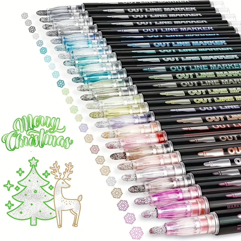 Dual-Tip Metallic Art Pens with Self-Outline, Brush & Fine Tips, Fast-Dry Shine Water-Based Ink, Cool Gifts for Adults, Markers for Coloring, Wood-Surface Use, Ink-Based Markers & Highlighters for Art Projects, Card Making, Office Writing Tools
