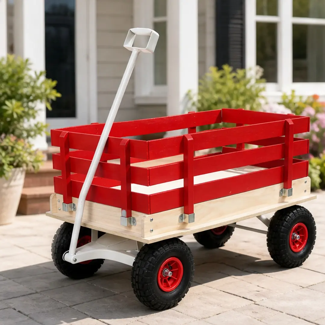 ARCH Wooden Wagon Cart with Folding Handle, Heavy Duty All-Terrain Kids Wagon for Outdoor, Garden, Camping, Beach & Playtime - Classic Pull-Along Utility Wagon, Red/Pink Color Options, Iron & Wood Construction, Rubber Pneumatic Tires